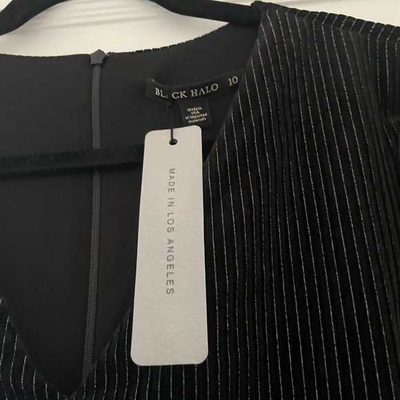 Black Halo Miramar Sheath Dress in Black w/ Silver Pinstripe - Picture 3 of 11